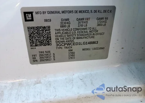 2020 Chevrolet Silverado C1500 Lt z USA, uszkodzony, nr VIN 3GCPWCED1LG148863